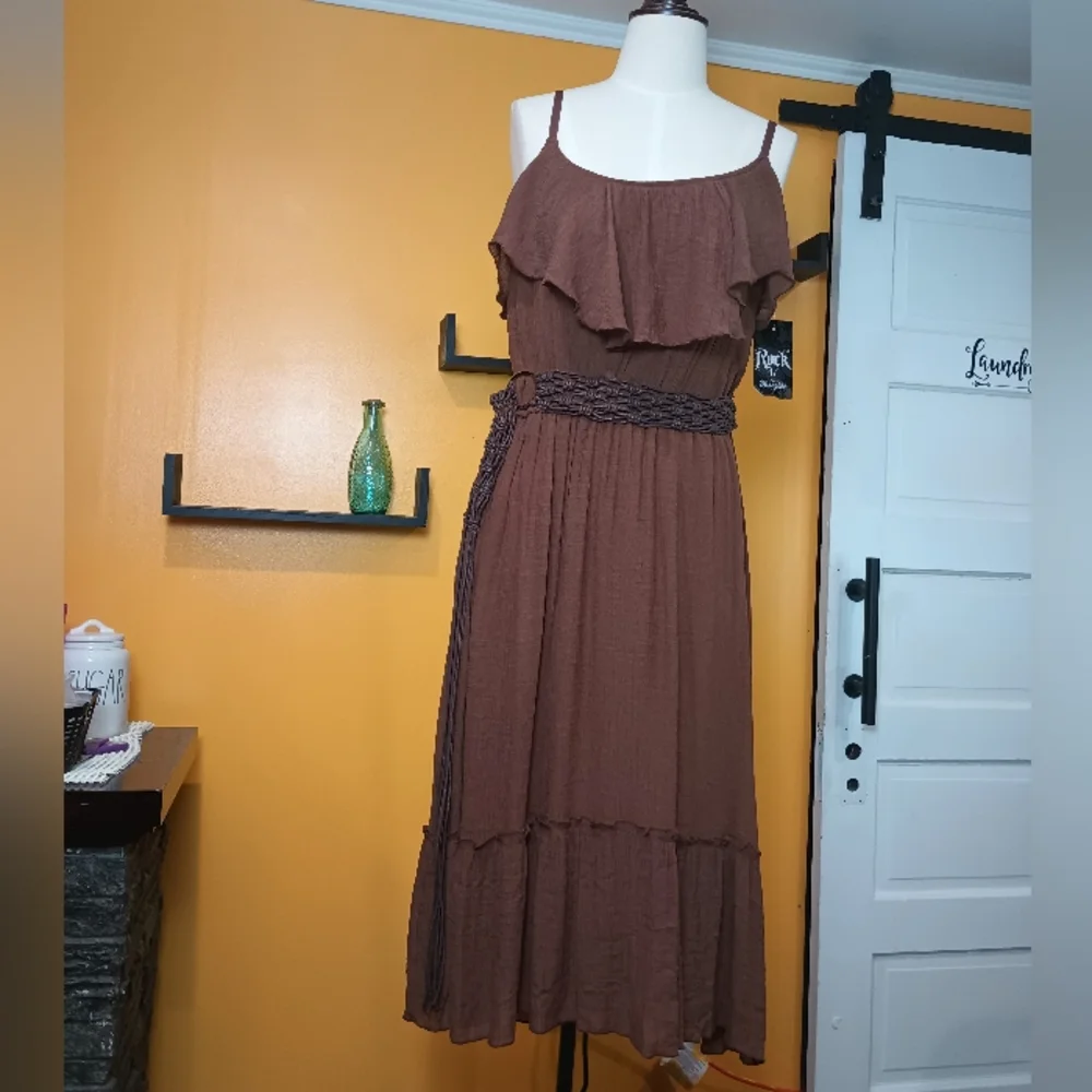 Rack 47 By Wrangler Brown Belted  Spaghetti Strap Ruffle Dress Size XL - Picture 3 of 16